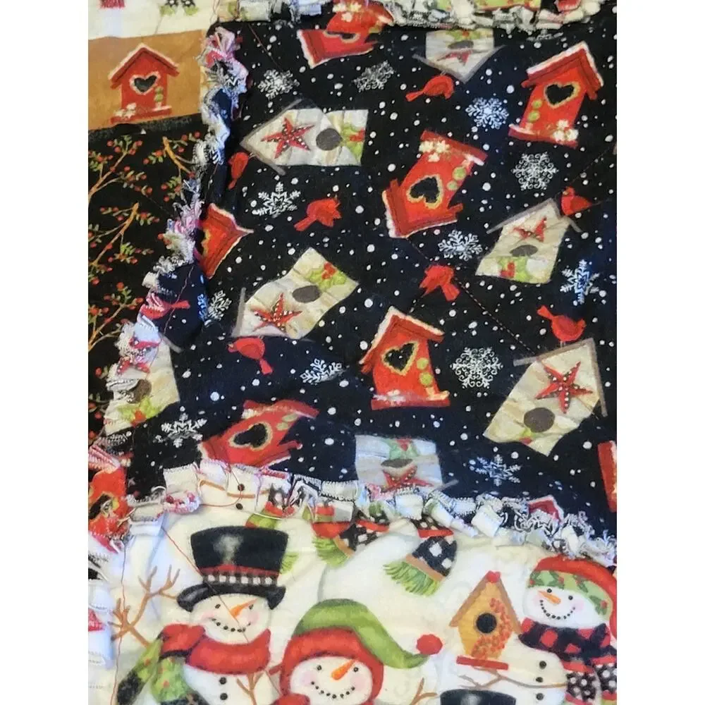 Handmade Snowman Rag Quilt Throw Farmhouse Christmas Holiday Blanket 43 x 48 in‎